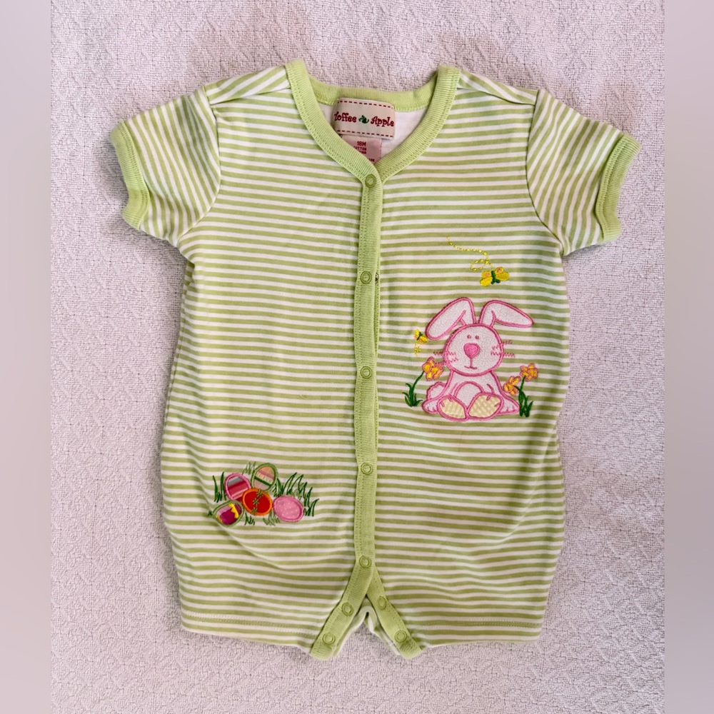 Toffee Apple Embroidered Easter Bunny and Eggs Green and White Striped Romper